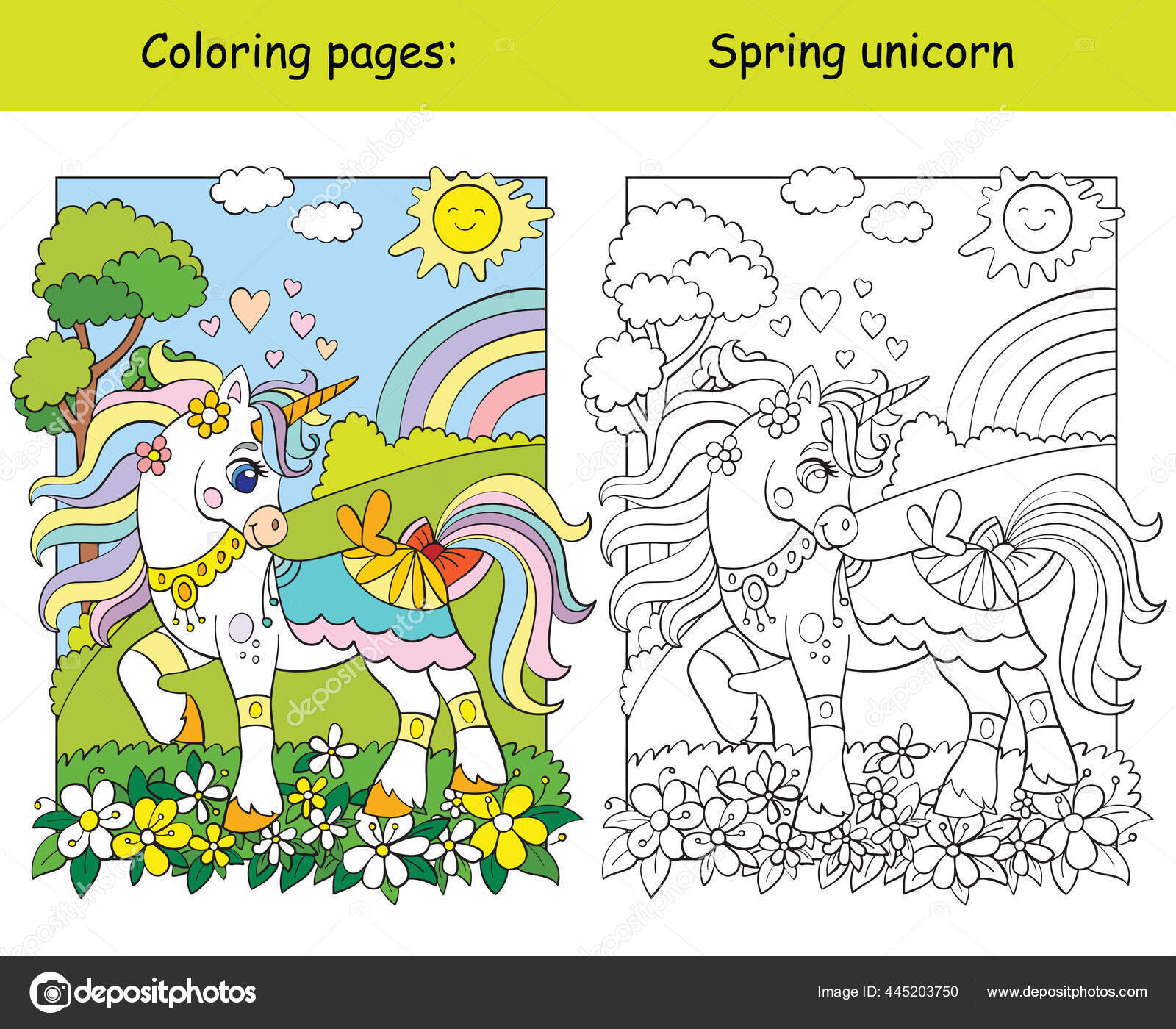 Unicórnio Bonito Prado Florescendo Verão Desenho Livro Para Colorir Wih  imagem vetorial de Alinart© 445205572
