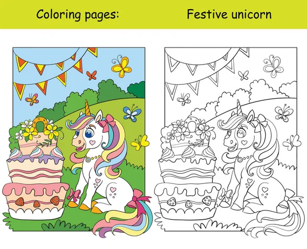 Unicorno Carino Che Celebra Compleanno Con Una Grande Torta Disegno — Vettoriale Stock