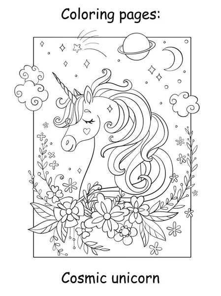 Beauty Cosmic Unicorn Head Stars Flowers Coloring Book Page Children — Stock Vector