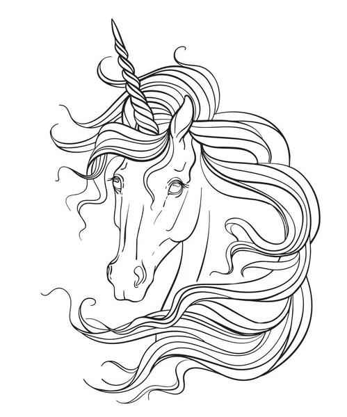 Cabeza Unicornio Con Una Melena Larga Ilustración Contorno Blanco Negro — Vector de stock