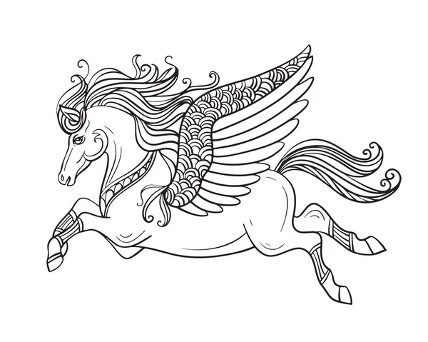 Hermoso Pegaso Volador Ilustración Contorno Blanco Negro Vectorial Para Colorear — Archivo Imágenes Vectoriales