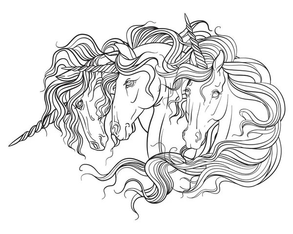 Potret Tiga Unicorn Dengan Surai Panjang Vektor Hitam Dan Putih - Stok Vektor