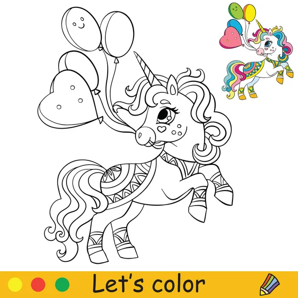 Colorear vector lindo partido unicornio con globos — Vector de stock
