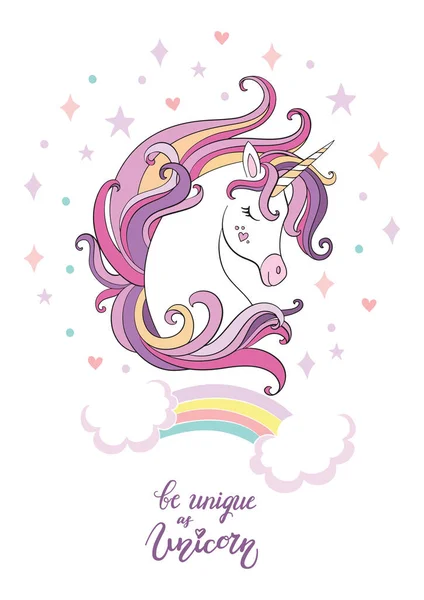 Mignon dessin animé licorne vecteur illustration poster blanc — Image vectorielle