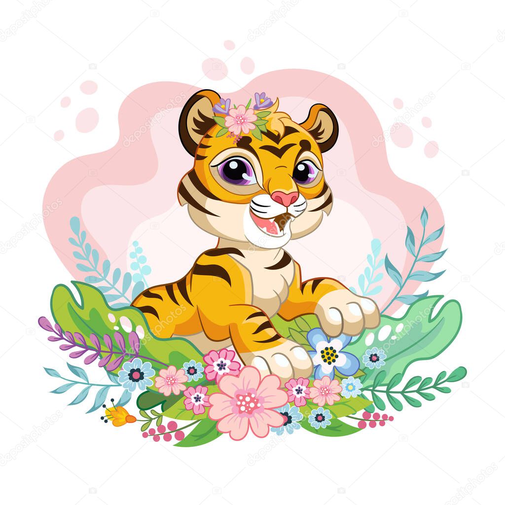 Cute cartoon little tiger with romantic beauty flowers. Vector isolated illustration. For postcard, posters, nursery design, greeting card, stickers, room decor, party, nursery t-shirt, apparel