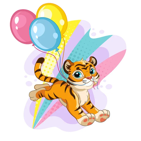 Cute tiger with balloons cartoon character vector — Stock Vector