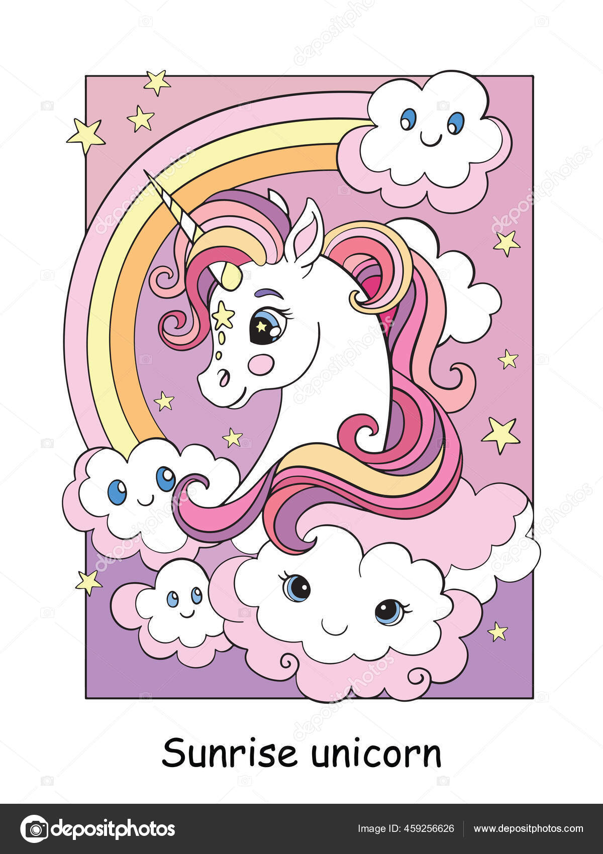 Keindahan Unicorn Kepala Dengan Pelangi Dan Awan Vektor Kartun Penuh Stok Vektor Alinart 459256626