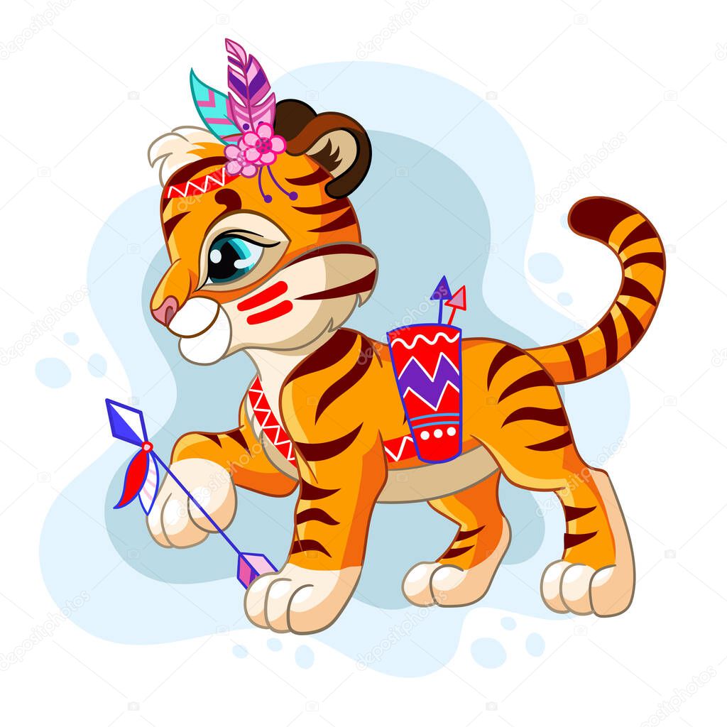 Cute cartoon little tribal tiger with arrows. Cartoon character. Vector isolated illustration. For postcard, posters, design, greeting card, stickers, room decor, party, t-shirt, apparel, baby shower