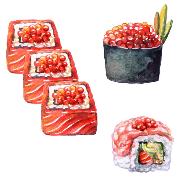 Japanese Cuisine Rolls Sushi Caviar Watercolor Illustration Isolated White Background — Stock Photo, Image
