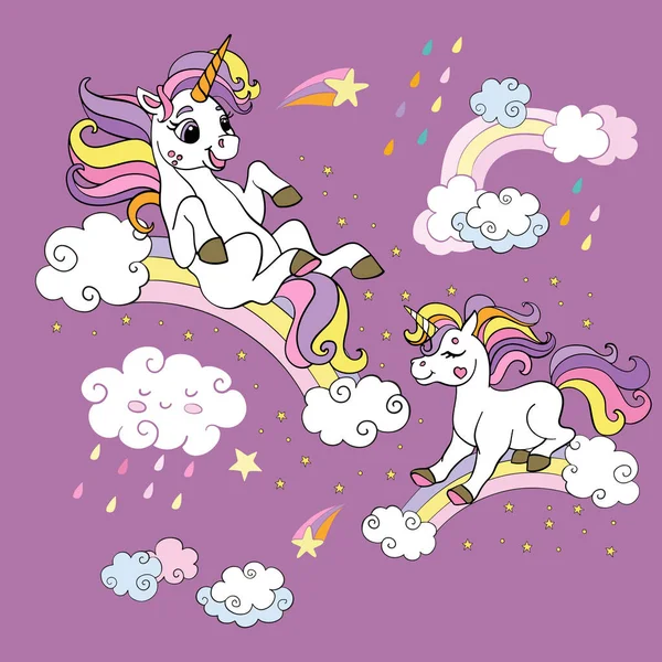 Two Funny Unicorns Rolling Rainbows Vector Colorful Illustration Party Print — Stock Vector