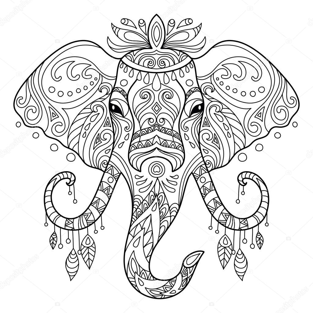 Head of elephant . Abstract vector contour illustration isolated on white background. For adult anti stress coloring book page with doodle and zentangle elements, design, print, decor, tattoo, t-shirt.