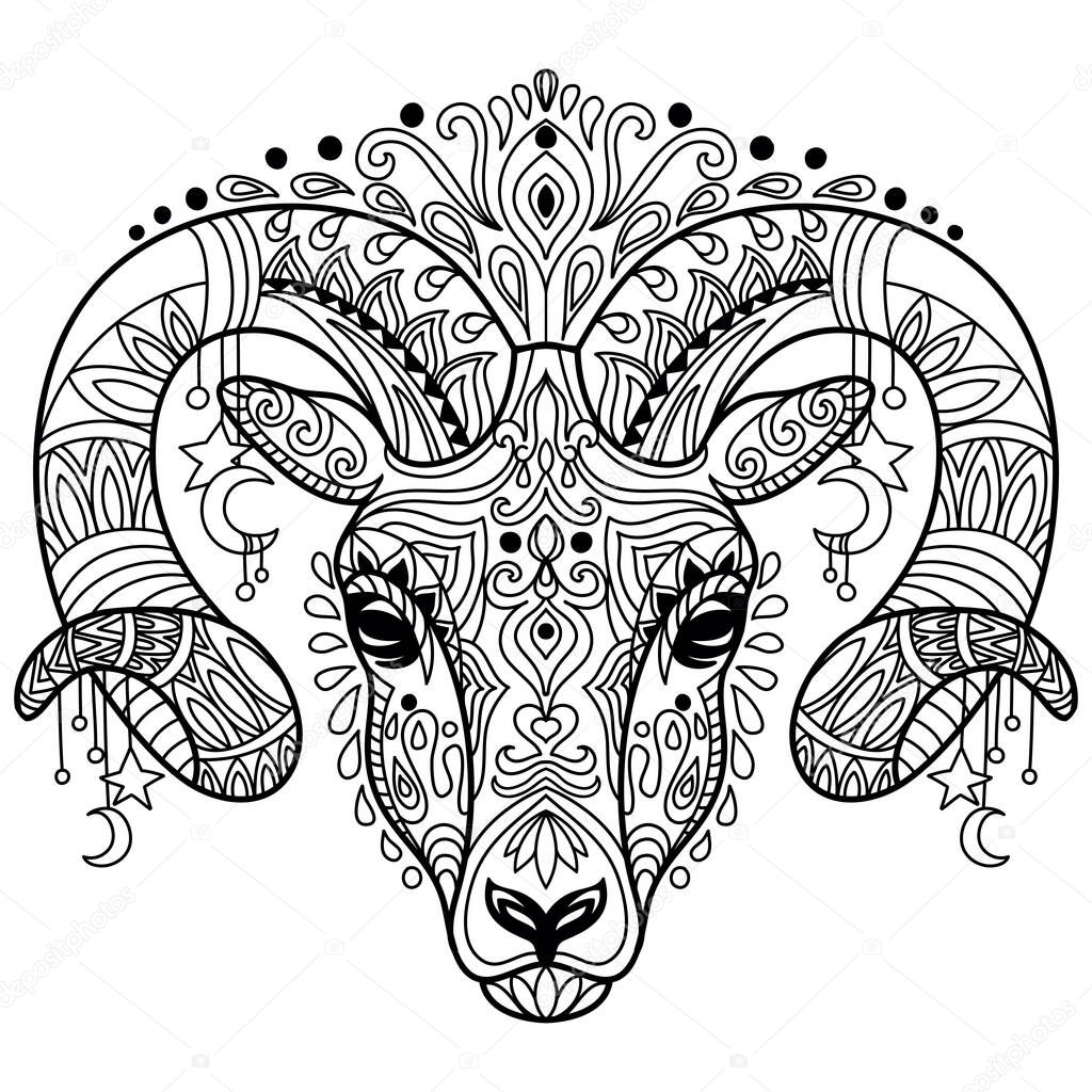 Head of ram. Abstract vector contour illustration isolated on white background. For adult anti stress coloring book page with doodle and zentangle elements, design, print, decor, tattoo, t-shirt.