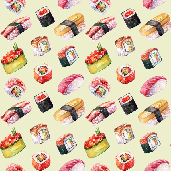 Seamless Pattern Japanese Cuisine Sushi Rolls Watercolor Illustration Sushi Background — Stock Photo, Image