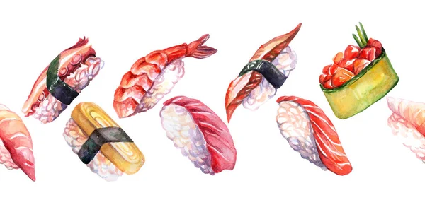 Безшовна Облямівка Японської Кухні Різні Суші Акварельні Ілюстрації Суші Фону — стокове фото