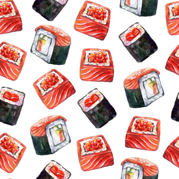 Bezešvé Vzory Japonské Kuchyně Rohlíky Lososem Kaviárem Akvarel Ilustrace Sushi — Stock fotografie