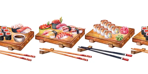 Безшовний Кордон Японською Кухнею Паличками Аквареллю Походження Суші Дизайну Меню — стокове фото