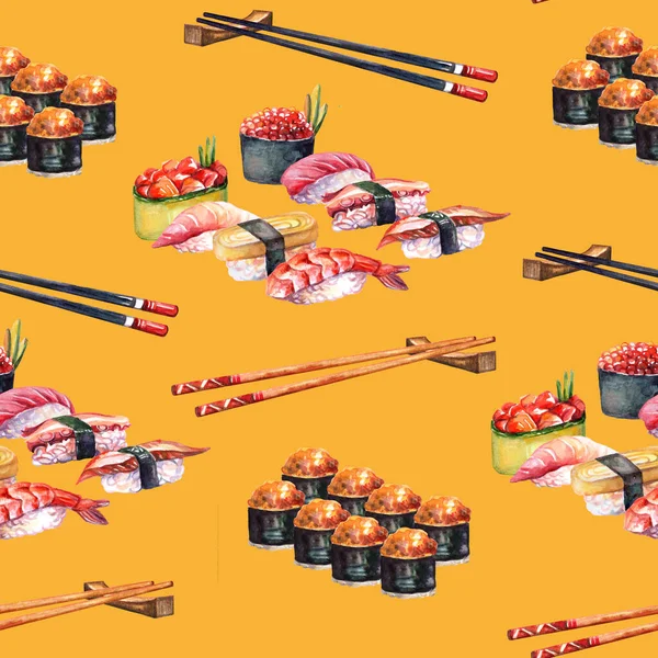 Безшовний Візерунок Японської Кухні Катається Дошці Паличками Акварельними Ілюстраціями Суші — стокове фото