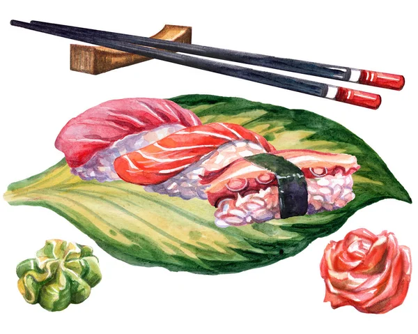 Japanse Keuken Sushi Met Eetstokjes Groen Blad Aquarel Illustratie Geïsoleerd — Stockfoto