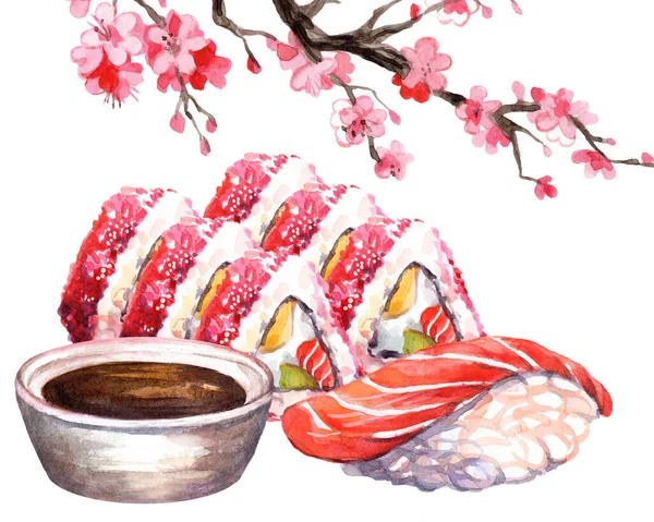 Японська Кухня Суші Квітковою Гілкою Сакури Акварель Ізольований Білому Тлі — стокове фото