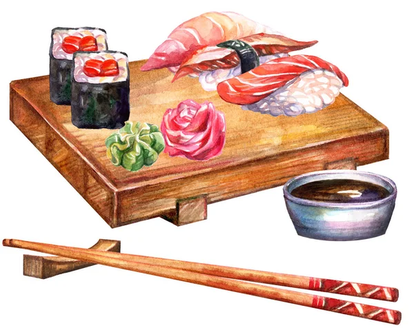 Japanese cuisine rolls and sushi on board with chopsticks, watercolor illustration isolated on white background. For design sushi restaurant menu, cards, print, decor, design, wallpaper, kitchen towel