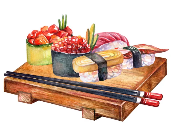 Japanska Köket Olika Sushi Ombord Med Ätpinnar Akvarell Illustration Isolerad — Stockfoto