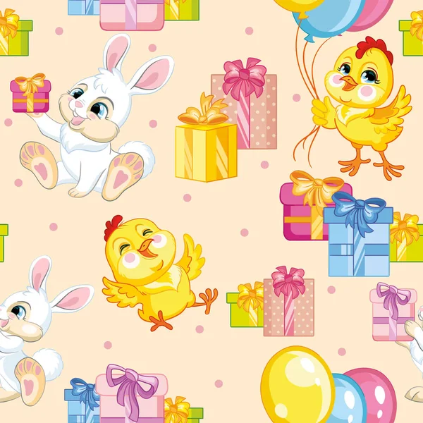 Modèle vectoriel sans couture poulet et lapin joyeux anniversaire — Image vectorielle