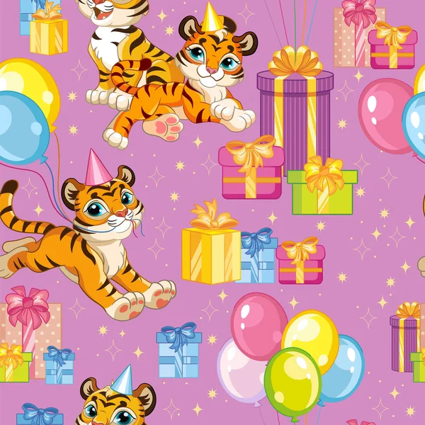 Padrão de vetor sem costura tigres feliz aniversário roxo —  Vetores de Stock