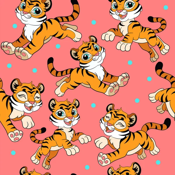 Seamless pattern with cartoon happy and cute tigers — Stock Vector