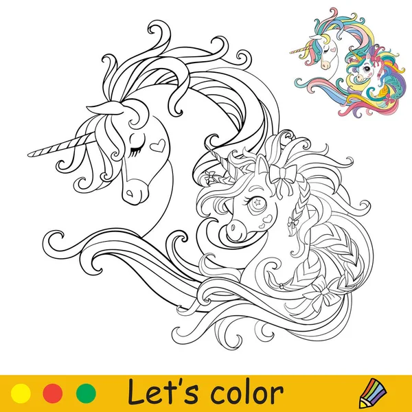 Teste Carine Due Unicorni Profilo Disegno Colorare Pagina Libro Con — Vettoriale Stock