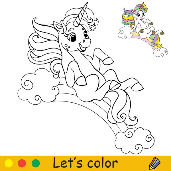 Lindo Unicornio Rueda Por Arco Iris Página Libro Para Colorear — Vector de stock
