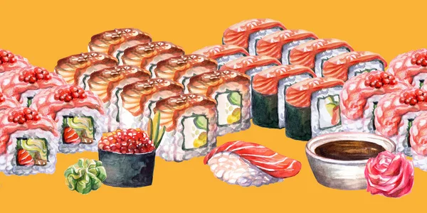 Naadloze Grens Japanse Keuken Achtergrond Met Verschillende Sushi Elementen Aquarel — Stockfoto