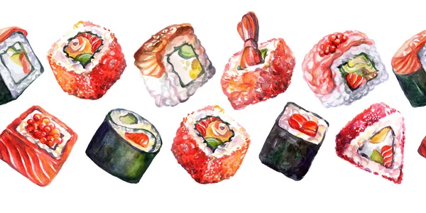 Бесшовная Граница Японской Кухни Разные Роллы Акварель Иллюстрации Суши Фон — стоковое фото