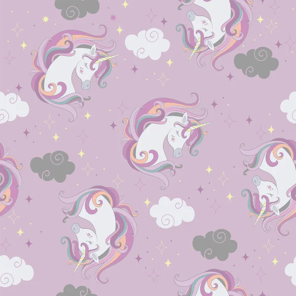 Seamless Pattern Beautiful Unicorns Heads Clouds Purple Background Vector Illustration — Stock Vector