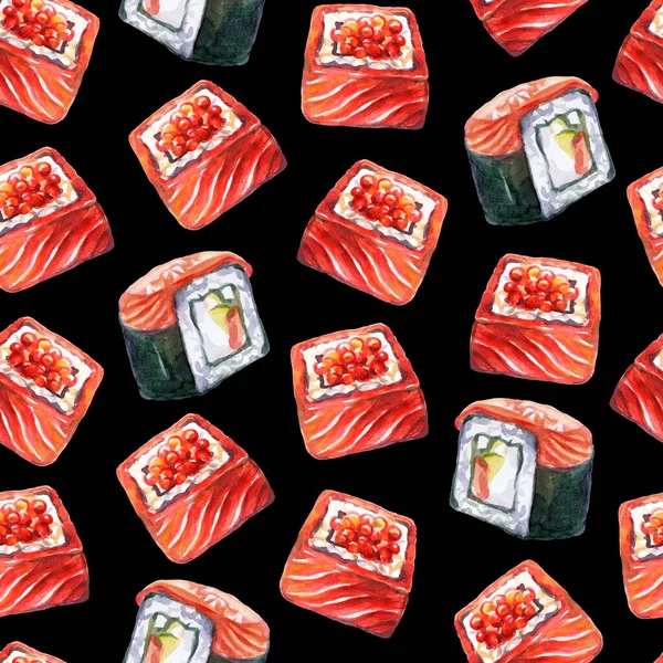 Modello Senza Cuciture Sushi Cucina Giapponese Con Salmone Acquerello Illustrazione — Foto Stock