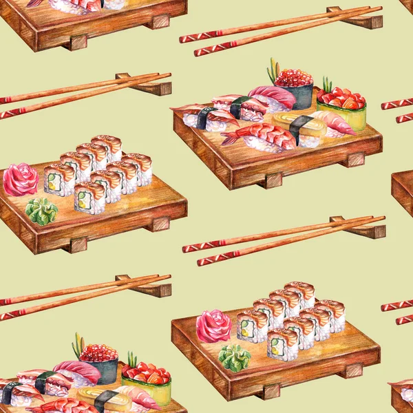 Sömlös Mönster Japanska Köket Rullar Ombord Med Ätpinnar Akvarell Illustration — Stockfoto