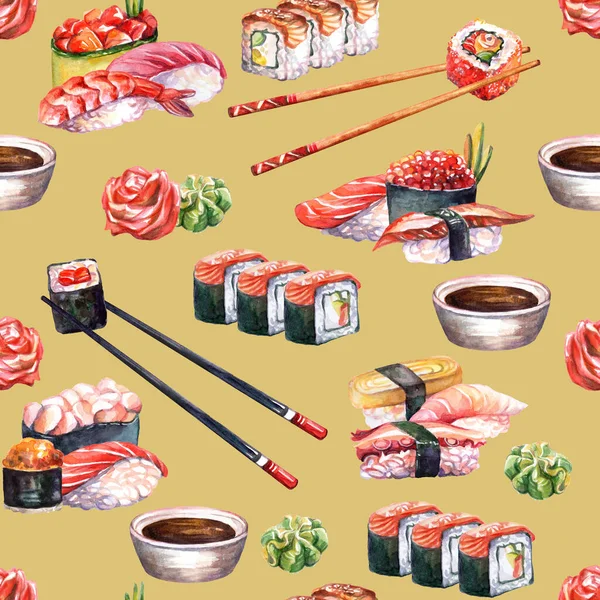 Безшовний Візерунок Японської Кухні Рулони Паличками Акварельна Ілюстрація Суші Фону — стокове фото