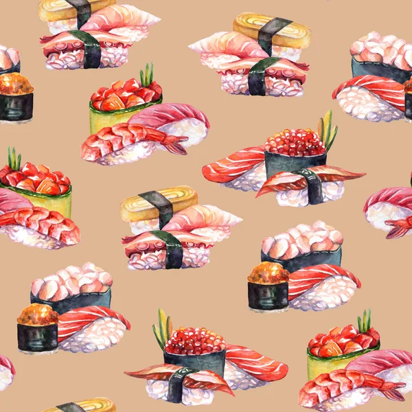 日本料理のシームレスなパターンは 異なる寿司 ベージュの背景に水彩イラスト 寿司屋のメニュー カード デザイン マーケティング 紙を設計するために — ストック写真