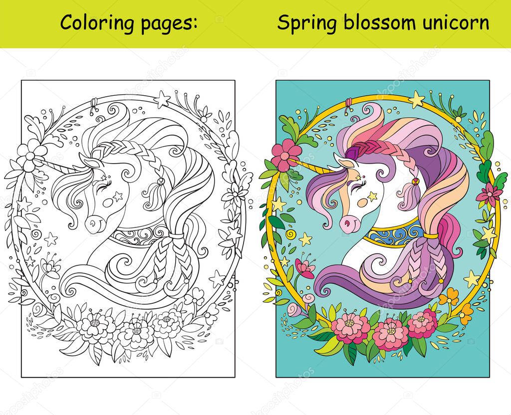 Beauty unicorn head wreath of flowers. Coloring book page for children with colorful template. Vector cartoon isolated illustration. For coloring book, education, print, game, decor, puzzle, design