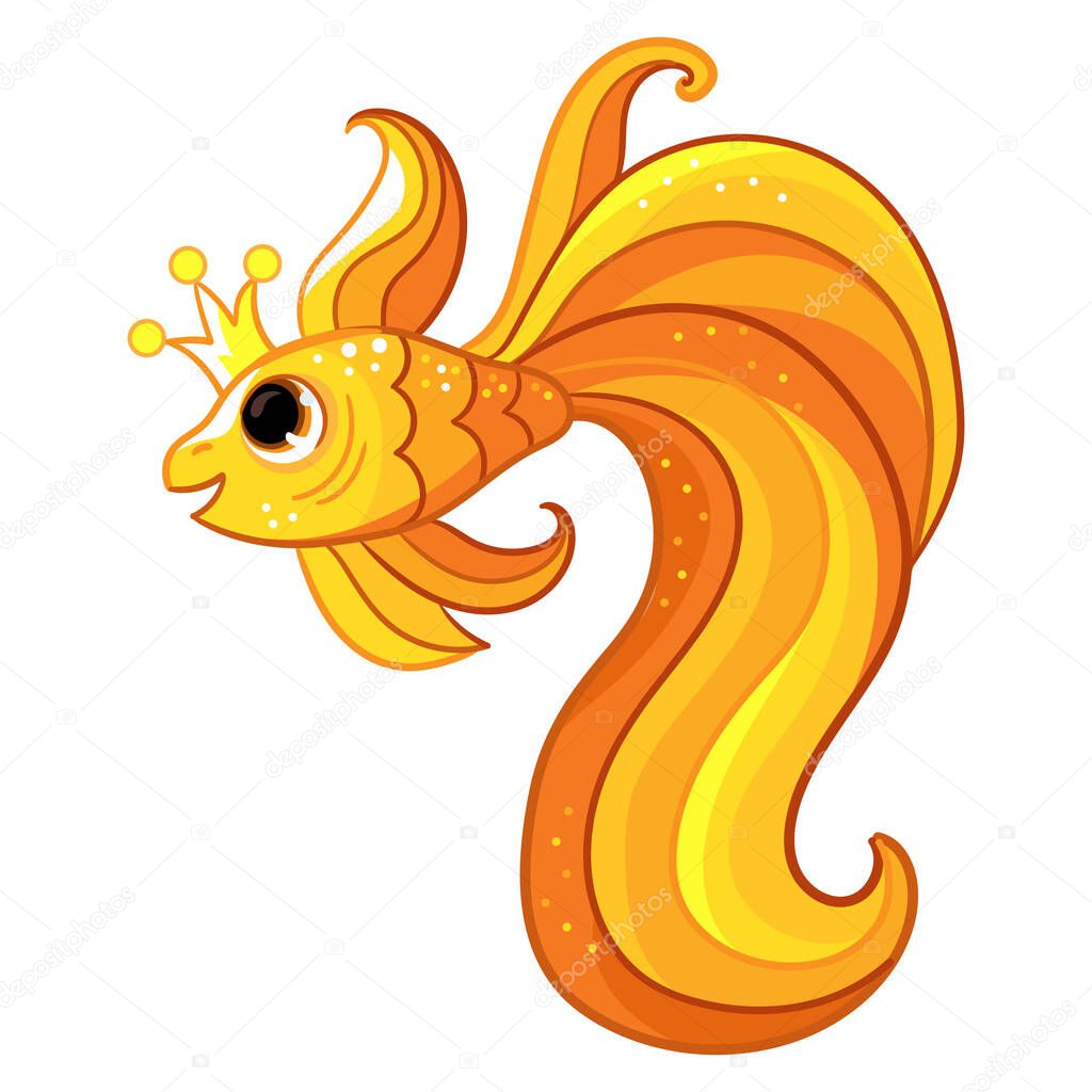 Cute golden fish with a crown. Cartoon character. Vector illustration isolated on white background. For print and design, posters, cards, stickers, decor, party, t-shirt, kids apparel