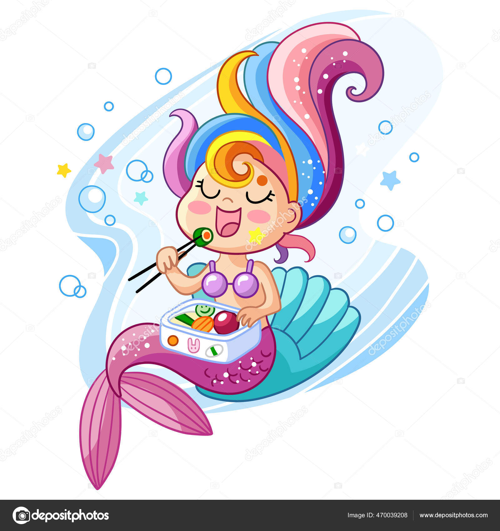かわいいかわいい人魚のキャラクターがシェルに座って寿司を食べています ベクトル漫画の孤立イラスト ストックイラスト Tシャツの組成 印刷やデザイン ポスター カード ステッカー 装飾やアパレルのために ストックベクター C Alinart