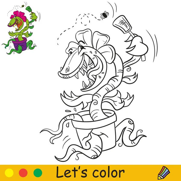 给书页涂色有趣的食肉植物赶上苍蝇 卡通角色 矢量孤立的例子 万圣节的概念 用于彩色书 学前教育 印刷品 — 图库矢量图片