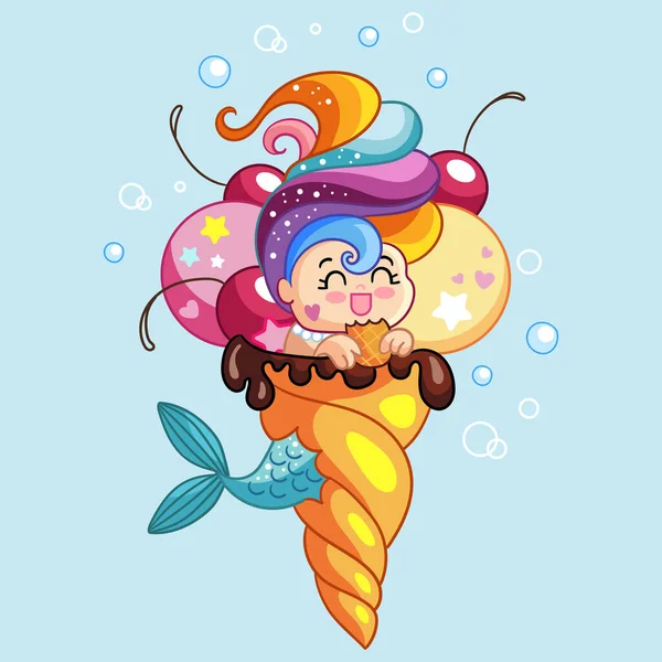 Cute Kawaii Mermaid Character Sitting Ice Cream Cone Vector Cartoon — Stock Vector