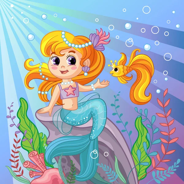 Fondo Con Mundo Submarino Estilo Infantil Una Sirena Está Sentada — Vector de stock