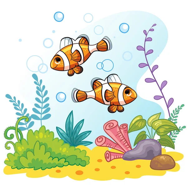 带着孩童风格的水下世界的背景 一个小丑鱼和水下植物 矢量图解 T恤衫 印刷品和设计 装饰和服装 — 图库矢量图片