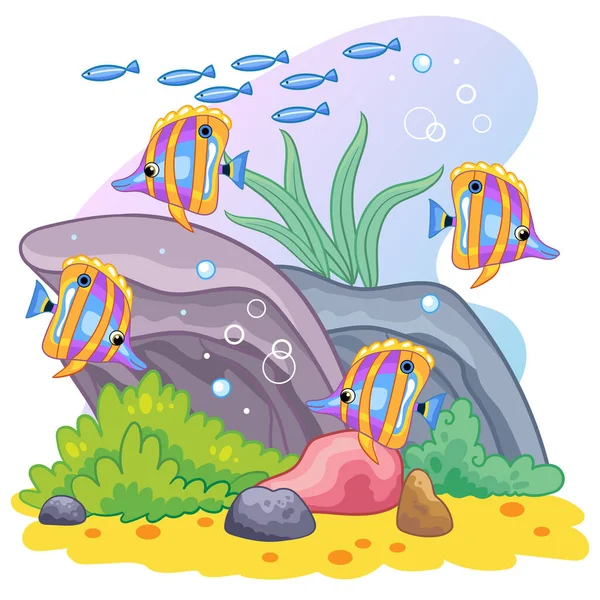 Fondo Con Mundo Submarino Estilo Infantil Peces Tropicales Piedras Algas — Vector de stock