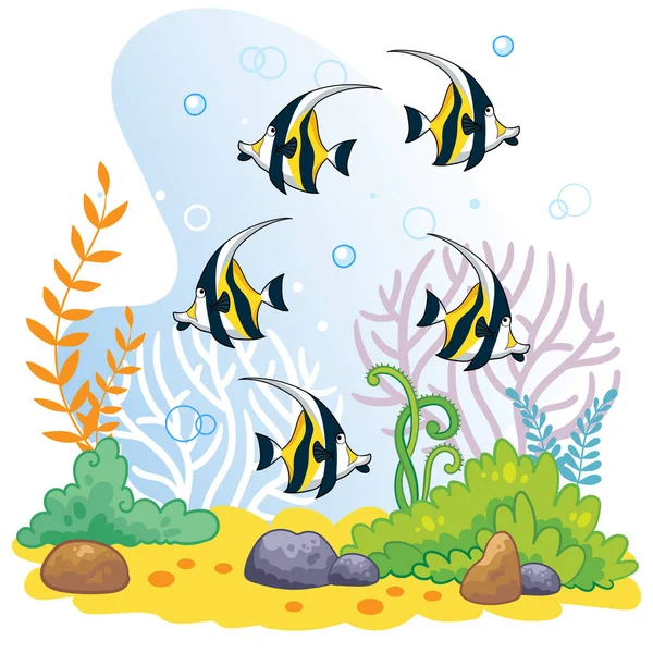 Fondo Con Mundo Submarino Estilo Infantil Tropical Striped Fish Seaweed — Vector de stock