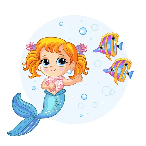 Schattige mooie zeemeermin en vissen vector cartoon illustratie — Stockvector
