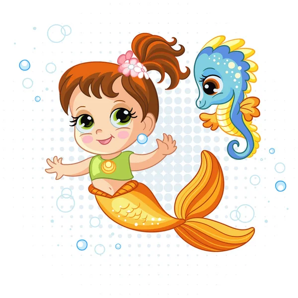 Linda sirena bebé y pequeña ilustración de dibujos animados vector caballito de mar — Vector de stock