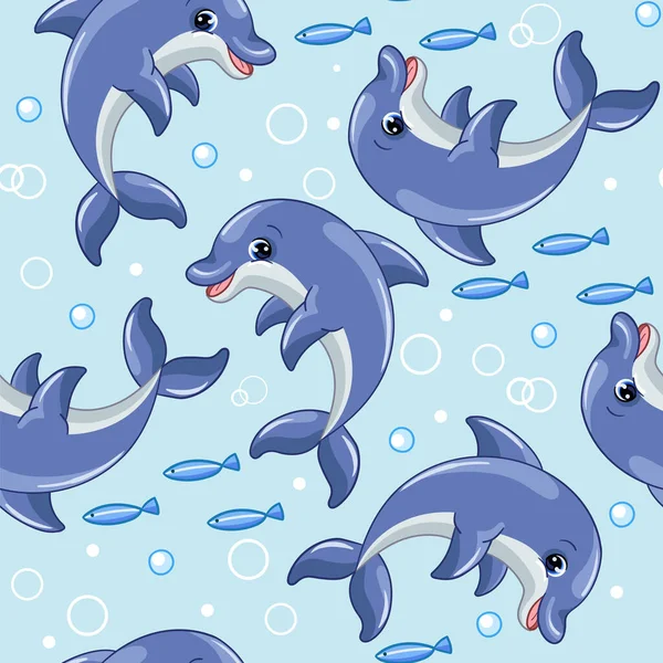 Seamless Pattern Cute Cartoon Dolphins Fishes Bubbles Vector Illustration Cartoon — Stock Vector