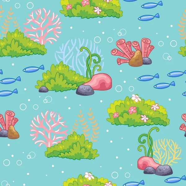 无缝图案在水下游动野生动物鱼 水生植物和珊瑚 矢量图解 卡通风格 蓝绿色背景 纺织品 包装用 — 图库矢量图片